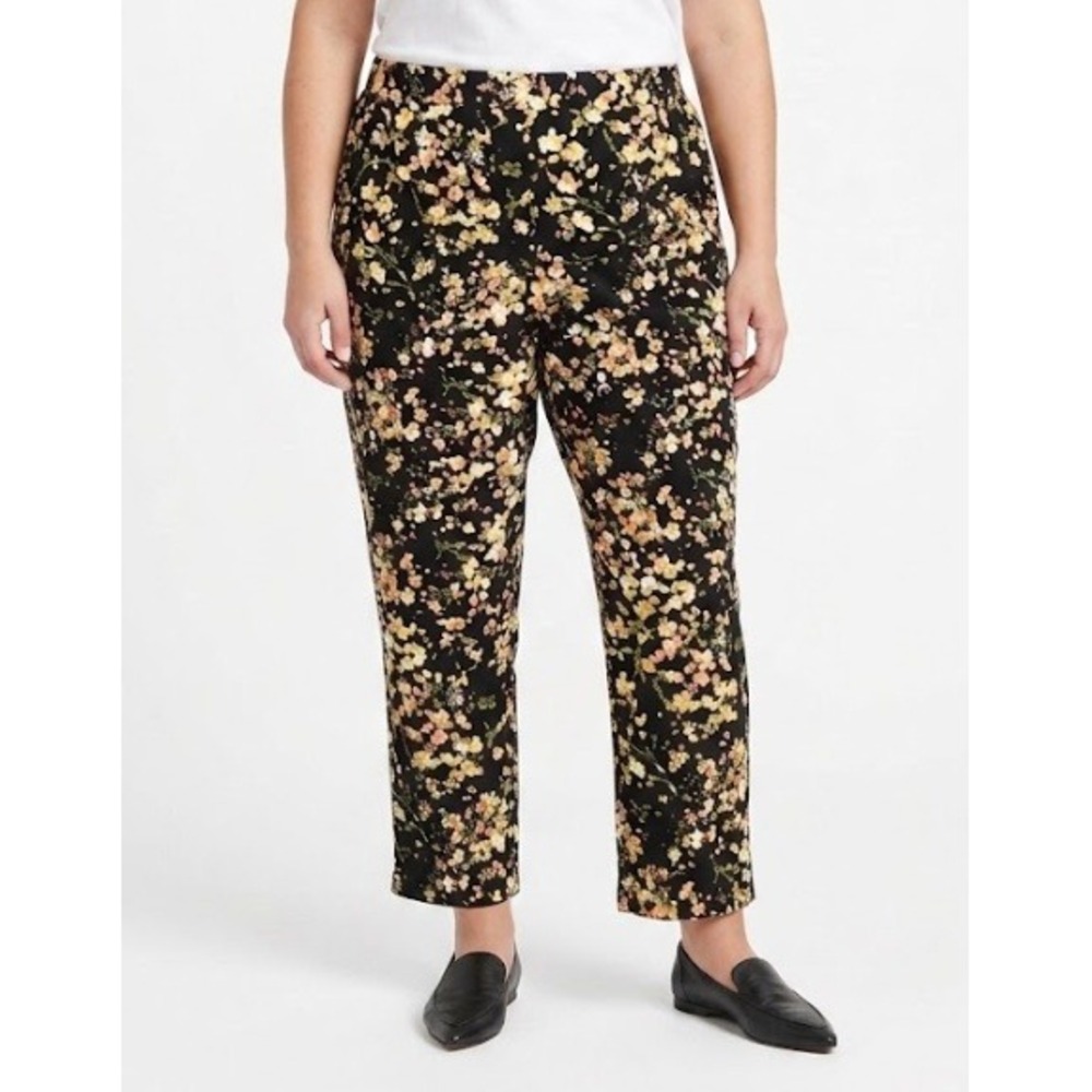 New Jessica Simpson Floral Crop Pants XL Black Bouquet Pull-on Casual Soft